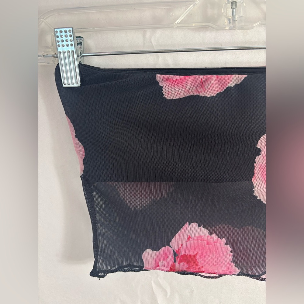 Black+Pink Floral Mesh Tube Top XXS - Picture 6 of 9